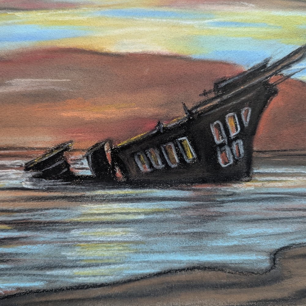 Sunset Shipwreck Original Pastel Artwork. Original Artisan Made. 8"X9.5"